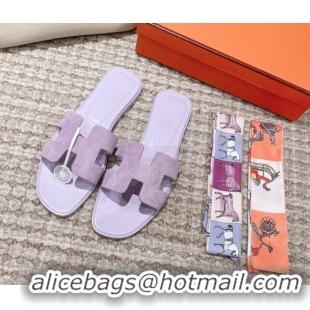 Pretty Style Hermes Classic Oran Suede Flat Slide Sandals Light Purple 525170