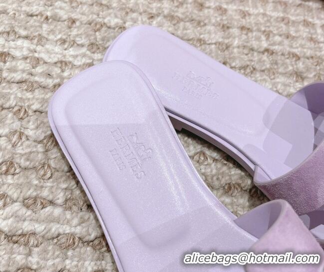 Pretty Style Hermes Classic Oran Suede Flat Slide Sandals Light Purple 525170