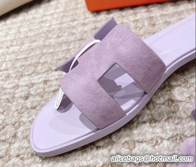 Pretty Style Hermes Classic Oran Suede Flat Slide Sandals Light Purple 525170