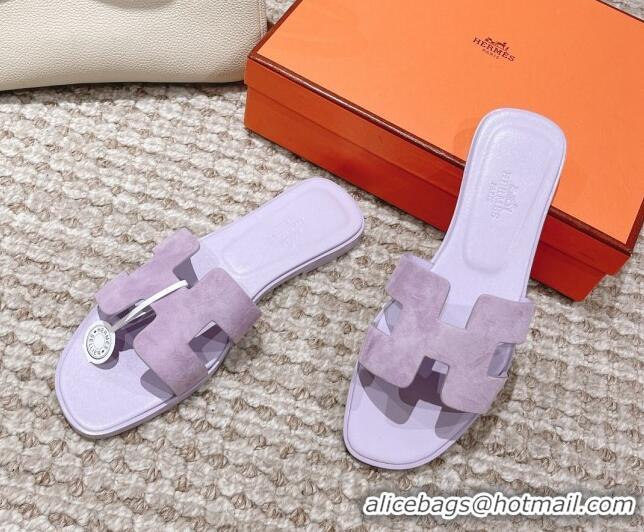 Pretty Style Hermes Classic Oran Suede Flat Slide Sandals Light Purple 525170