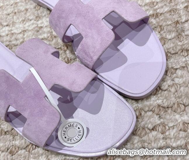 Pretty Style Hermes Classic Oran Suede Flat Slide Sandals Light Purple 525170