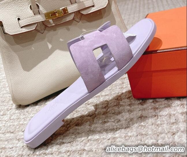 Pretty Style Hermes Classic Oran Suede Flat Slide Sandals Light Purple 525170