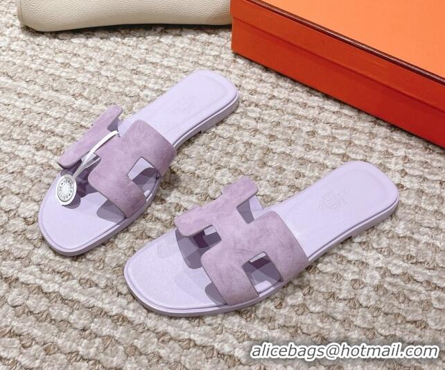 Pretty Style Hermes Classic Oran Suede Flat Slide Sandals Light Purple 525170