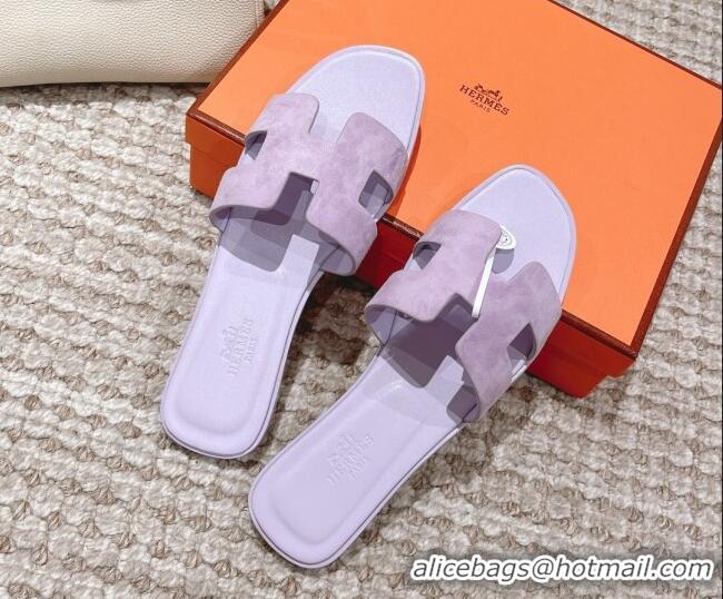 Pretty Style Hermes Classic Oran Suede Flat Slide Sandals Light Purple 525170