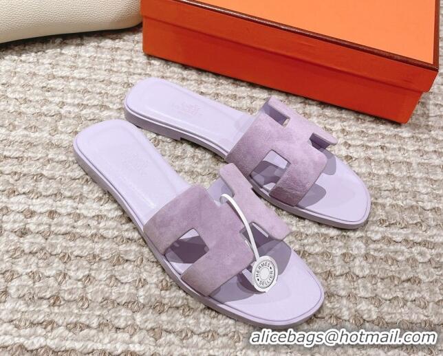 Pretty Style Hermes Classic Oran Suede Flat Slide Sandals Light Purple 525170