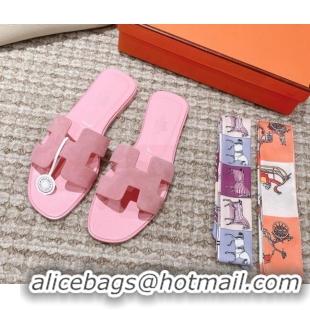 Best Grade Hermes Classic Oran Suede Flat Slide Sandals Light Pink 525171