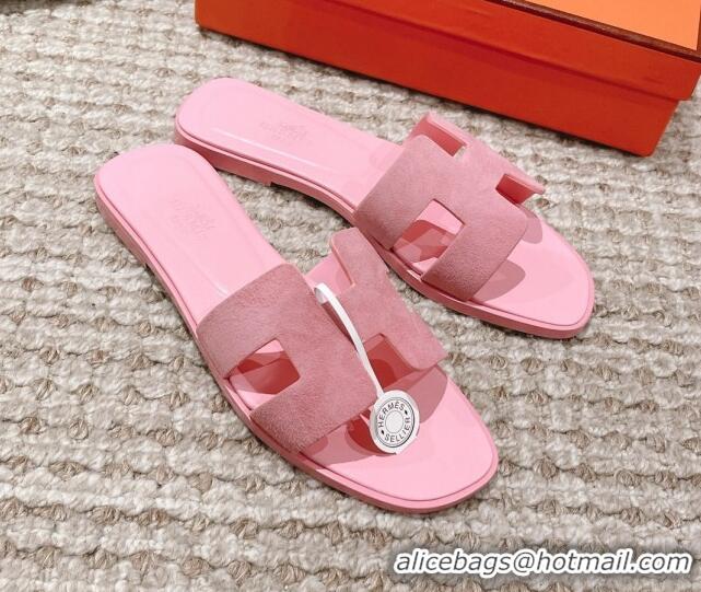 Best Grade Hermes Classic Oran Suede Flat Slide Sandals Light Pink 525171