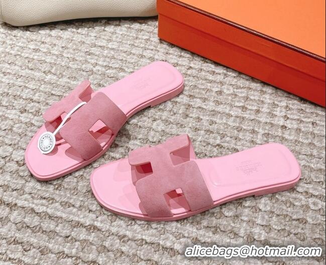 Best Grade Hermes Classic Oran Suede Flat Slide Sandals Light Pink 525171