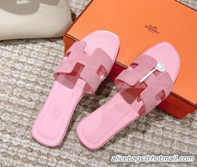 Best Grade Hermes Classic Oran Suede Flat Slide Sandals Light Pink 525171