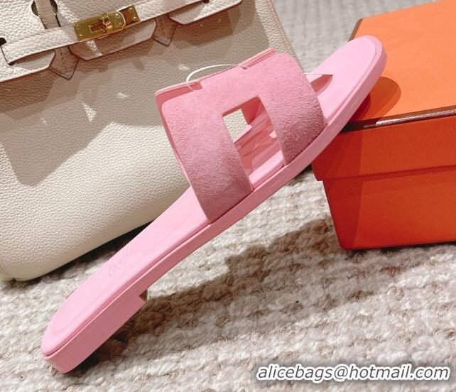 Best Grade Hermes Classic Oran Suede Flat Slide Sandals Light Pink 525171