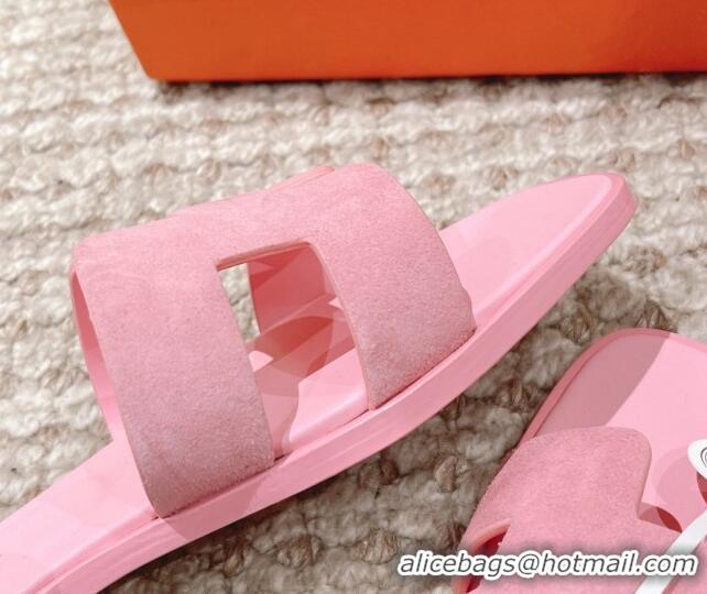 Best Grade Hermes Classic Oran Suede Flat Slide Sandals Light Pink 525171