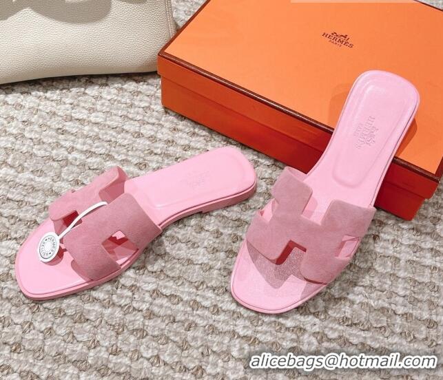 Best Grade Hermes Classic Oran Suede Flat Slide Sandals Light Pink 525171