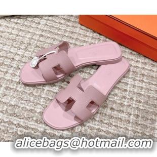 Hot Style Hermes Classic Oran Flat Slide Sandals in Epsom Leather Pink 525172