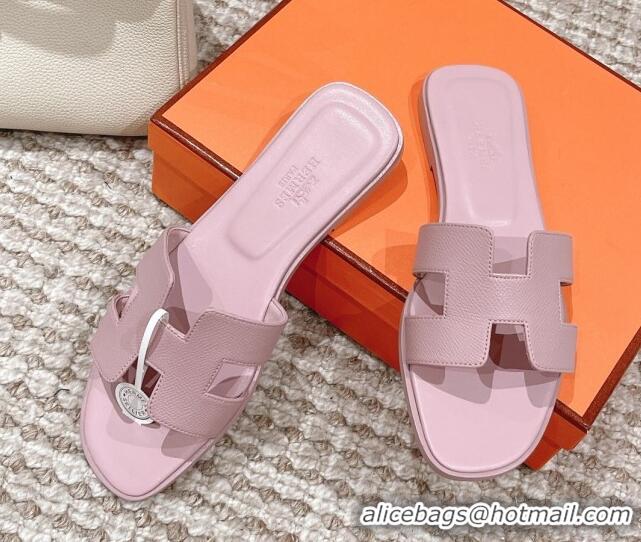 Hot Style Hermes Classic Oran Flat Slide Sandals in Epsom Leather Pink 525172