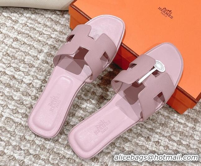 Hot Style Hermes Classic Oran Flat Slide Sandals in Epsom Leather Pink 525172