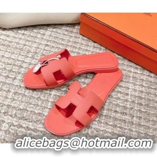 Sumptuous Hermes Classic Oran Flat Slide Sandals in Epsom Leather Orange 525174