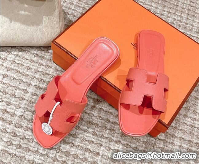 Sumptuous Hermes Classic Oran Flat Slide Sandals in Epsom Leather Orange 525174