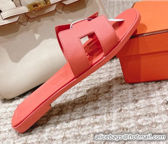 Sumptuous Hermes Classic Oran Flat Slide Sandals in Epsom Leather Orange 525174