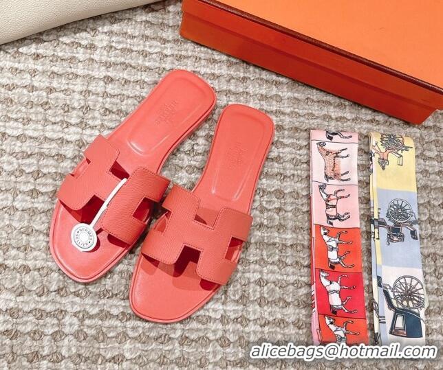 Sumptuous Hermes Classic Oran Flat Slide Sandals in Epsom Leather Orange 525174