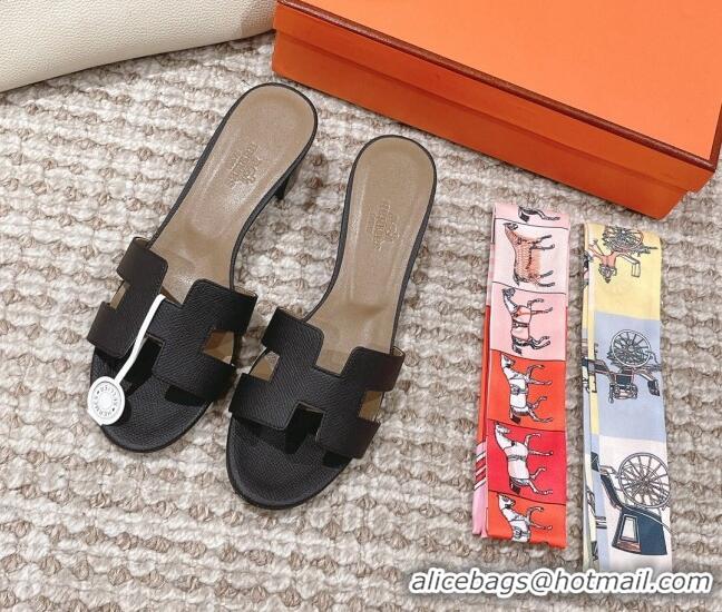 Stylish Hermes Classic Oasis Heel Slide Sandals 4.5cm in Grained Leather Grey/Black 530003