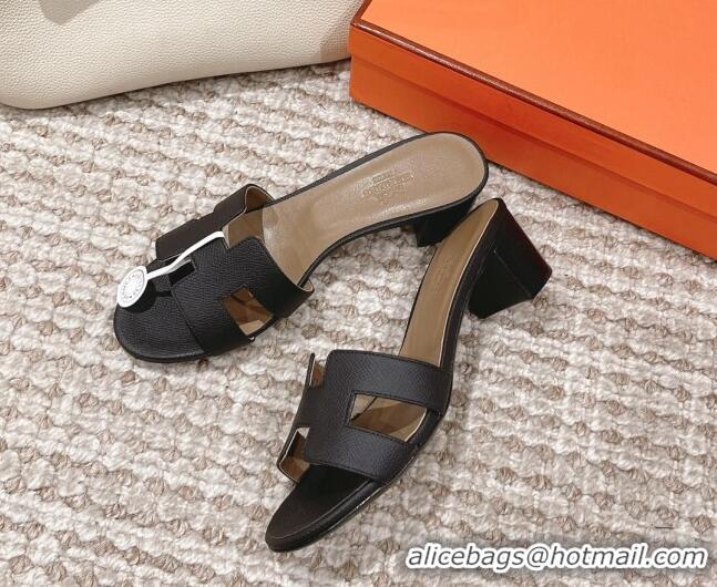 Stylish Hermes Classic Oasis Heel Slide Sandals 4.5cm in Grained Leather Grey/Black 530003