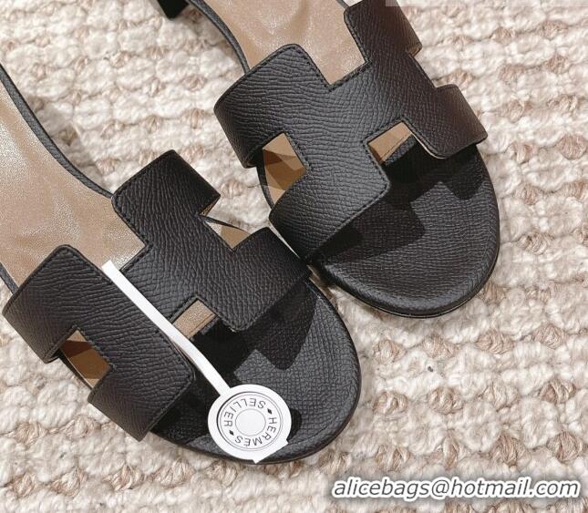 Stylish Hermes Classic Oasis Heel Slide Sandals 4.5cm in Grained Leather Grey/Black 530003