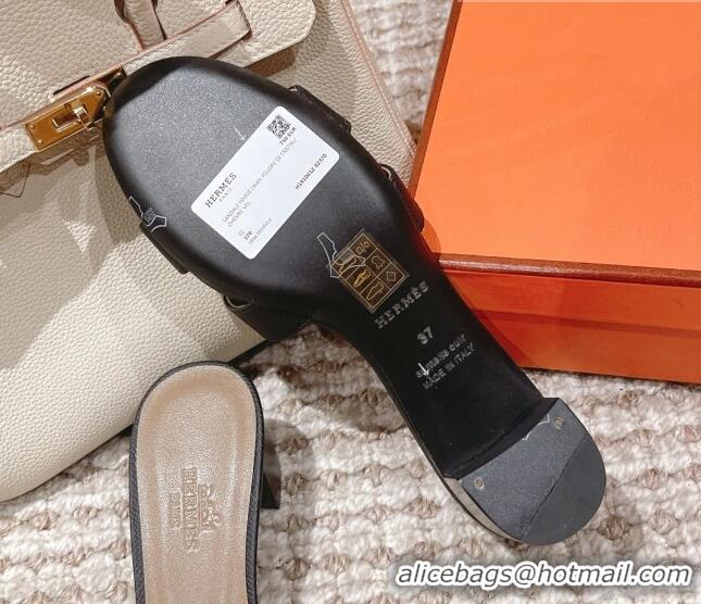 Stylish Hermes Classic Oasis Heel Slide Sandals 4.5cm in Grained Leather Grey/Black 530003