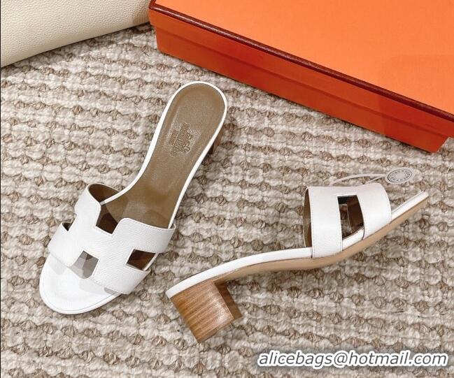 Discount Hermes Classic Oasis Heel Slide Sandals 4.5cm in Grained Leather White/Grey 530004