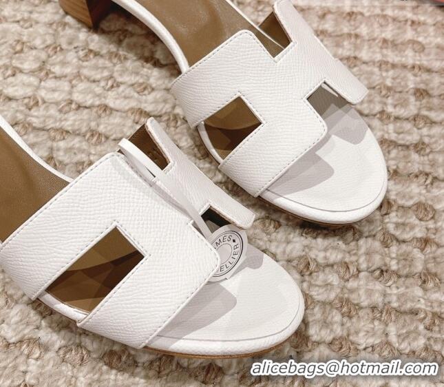 Discount Hermes Classic Oasis Heel Slide Sandals 4.5cm in Grained Leather White/Grey 530004