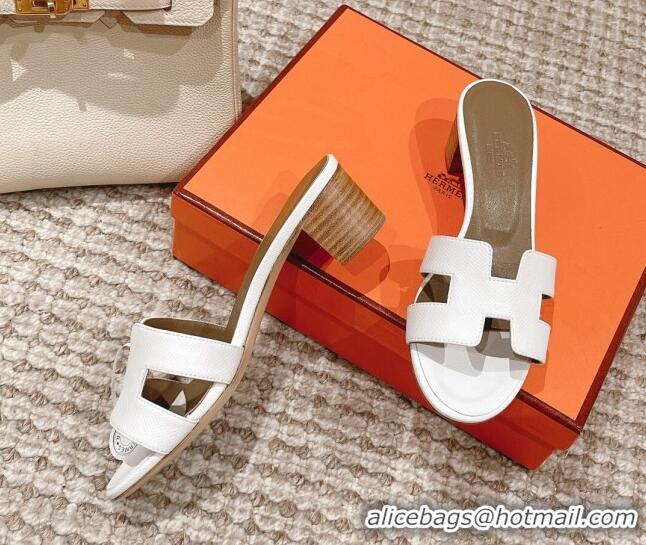 Discount Hermes Classic Oasis Heel Slide Sandals 4.5cm in Grained Leather White/Grey 530004