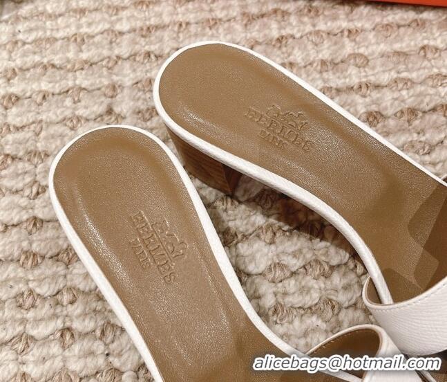 Discount Hermes Classic Oasis Heel Slide Sandals 4.5cm in Grained Leather White/Grey 530004