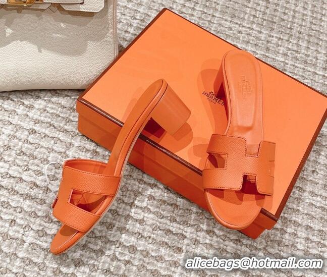 Hot Style Hermes Classic Oasis Heel Slide Sandals 4.5cm in Grained Leather Orange 530007