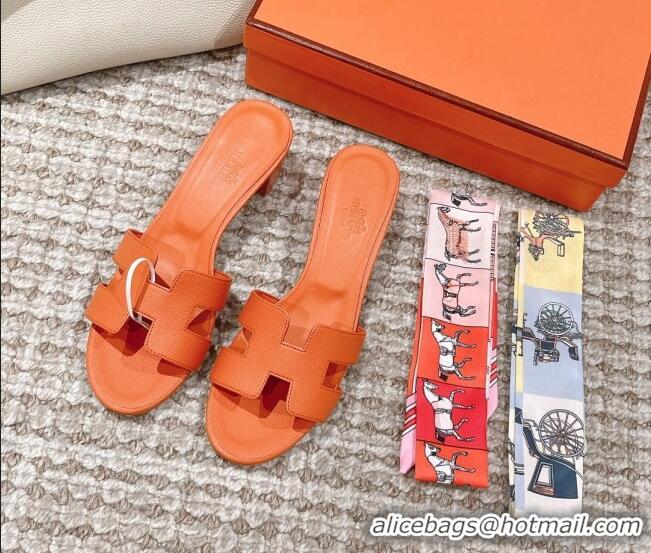 Hot Style Hermes Classic Oasis Heel Slide Sandals 4.5cm in Grained Leather Orange 530007