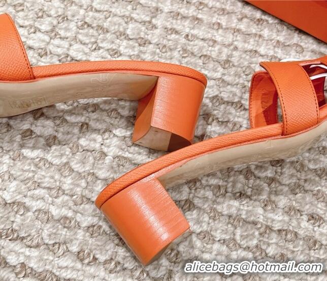 Hot Style Hermes Classic Oasis Heel Slide Sandals 4.5cm in Grained Leather Orange 530007