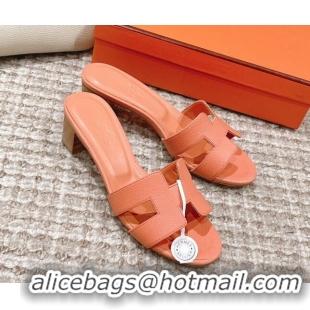 Top Design Hermes Classic Oasis Heel Slide Sandals 4.5cm in Grained Leather Peachy Pink 530010