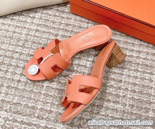 Top Design Hermes Classic Oasis Heel Slide Sandals 4.5cm in Grained Leather Peachy Pink 530010