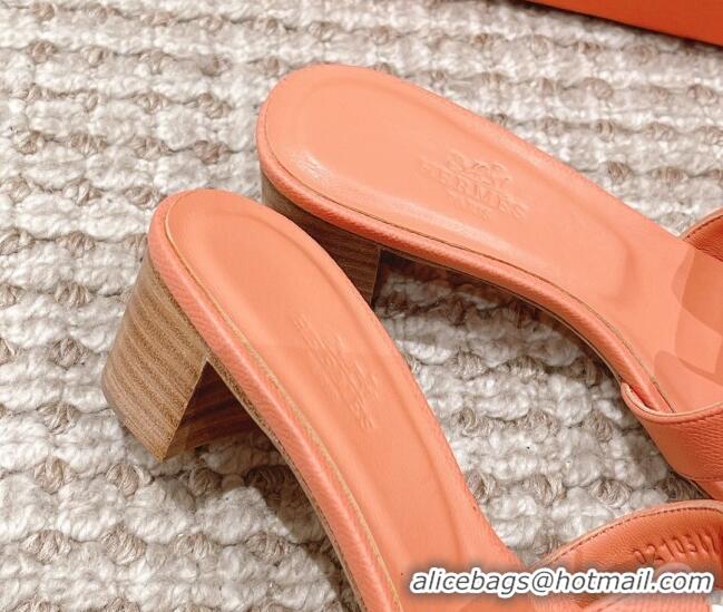 Top Design Hermes Classic Oasis Heel Slide Sandals 4.5cm in Grained Leather Peachy Pink 530010