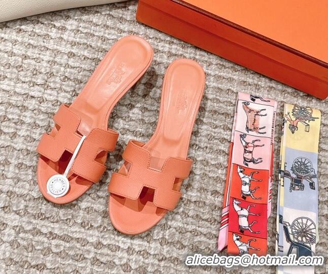 Top Design Hermes Classic Oasis Heel Slide Sandals 4.5cm in Grained Leather Peachy Pink 530010