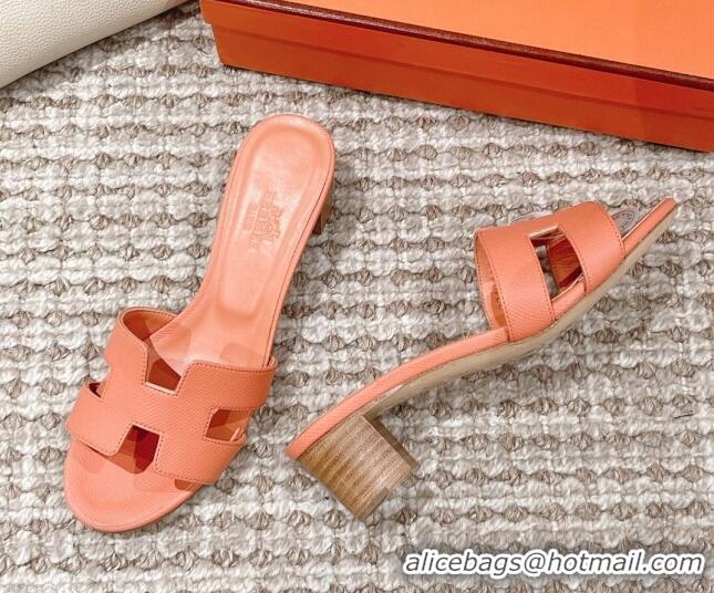 Top Design Hermes Classic Oasis Heel Slide Sandals 4.5cm in Grained Leather Peachy Pink 530010