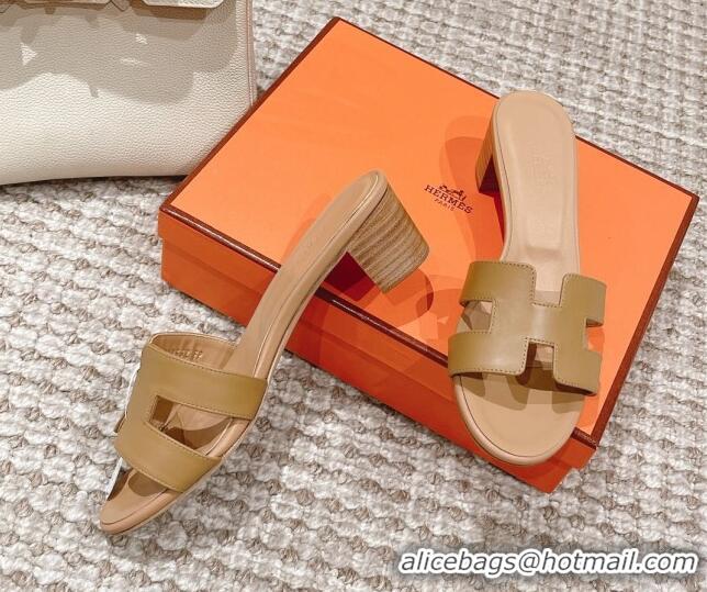 Good Quality Hermes Classic Oasis Calfskin Heel Slide Sandals 4.5cm Apricot 530018