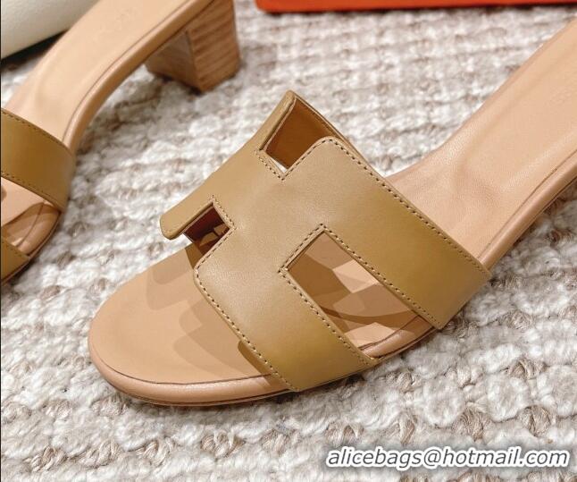 Good Quality Hermes Classic Oasis Calfskin Heel Slide Sandals 4.5cm Apricot 530018