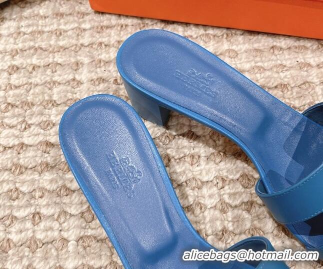 Discount Hermes Classic Oasis Calfskin Heel Slide Sandals 4.5cm Blue 530020