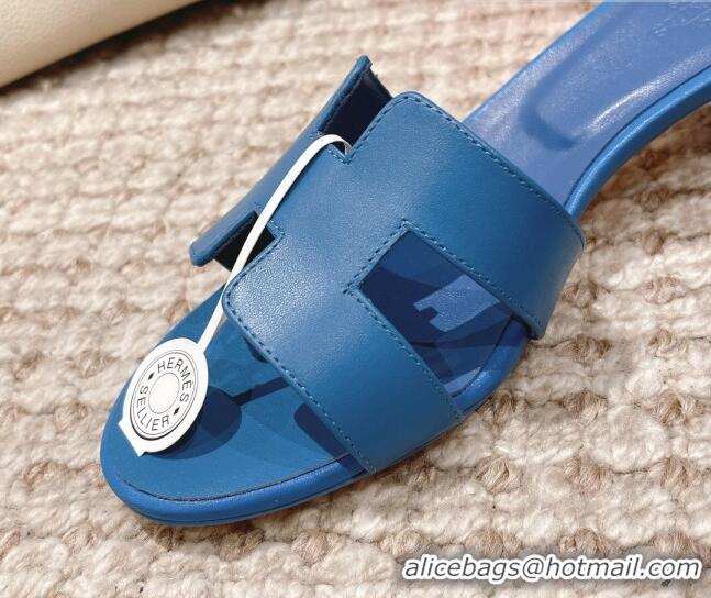 Discount Hermes Classic Oasis Calfskin Heel Slide Sandals 4.5cm Blue 530020