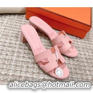 1:1 aaaaa Hermes Classic Oasis Calfskin Heel Slide Sandals 4.5cm Light Pink 0530023