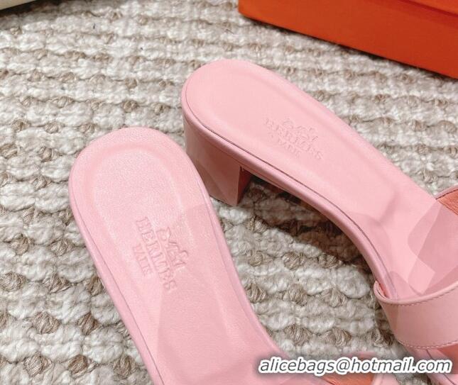 1:1 aaaaa Hermes Classic Oasis Calfskin Heel Slide Sandals 4.5cm Light Pink 0530023