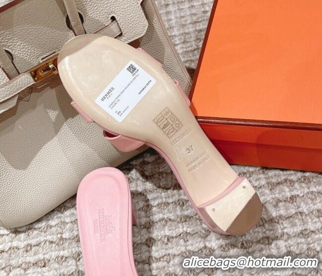 1:1 aaaaa Hermes Classic Oasis Calfskin Heel Slide Sandals 4.5cm Light Pink 0530023