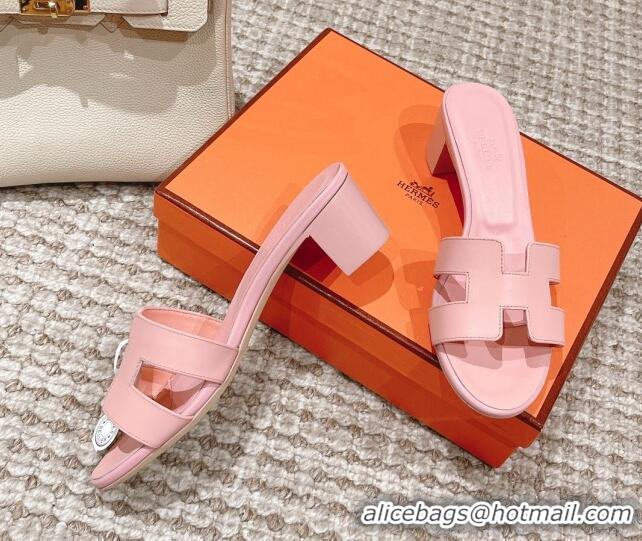 1:1 aaaaa Hermes Classic Oasis Calfskin Heel Slide Sandals 4.5cm Light Pink 0530023