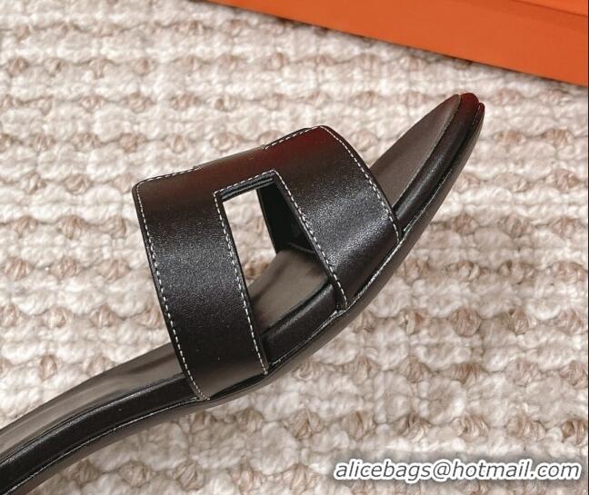 Pretty Style Hermes Classic Oasis Calfskin Heel Slide Sandals 4.5cm Black 530026