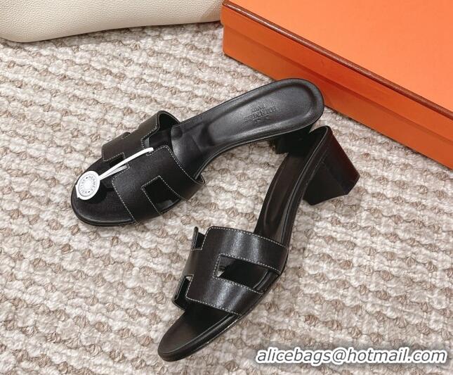 Pretty Style Hermes Classic Oasis Calfskin Heel Slide Sandals 4.5cm Black 530026