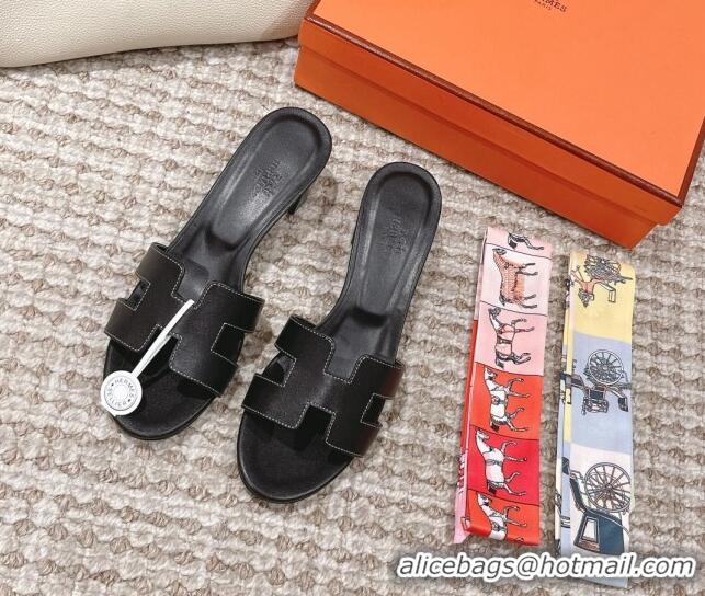 Pretty Style Hermes Classic Oasis Calfskin Heel Slide Sandals 4.5cm Black 530026